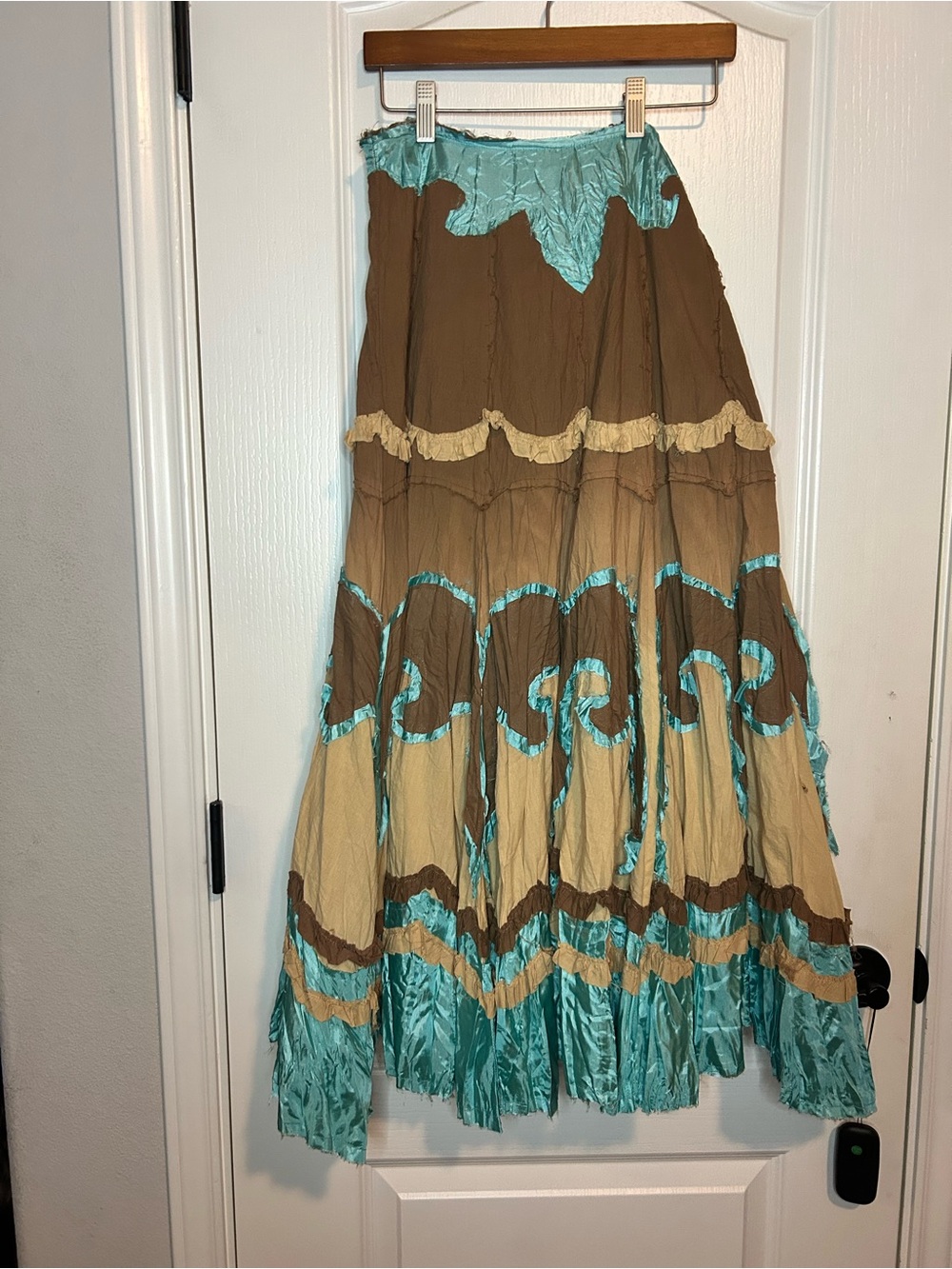 Miss Me SWEETIE Small Bohemian Tiered Maxi Skirt in Brown & Teal